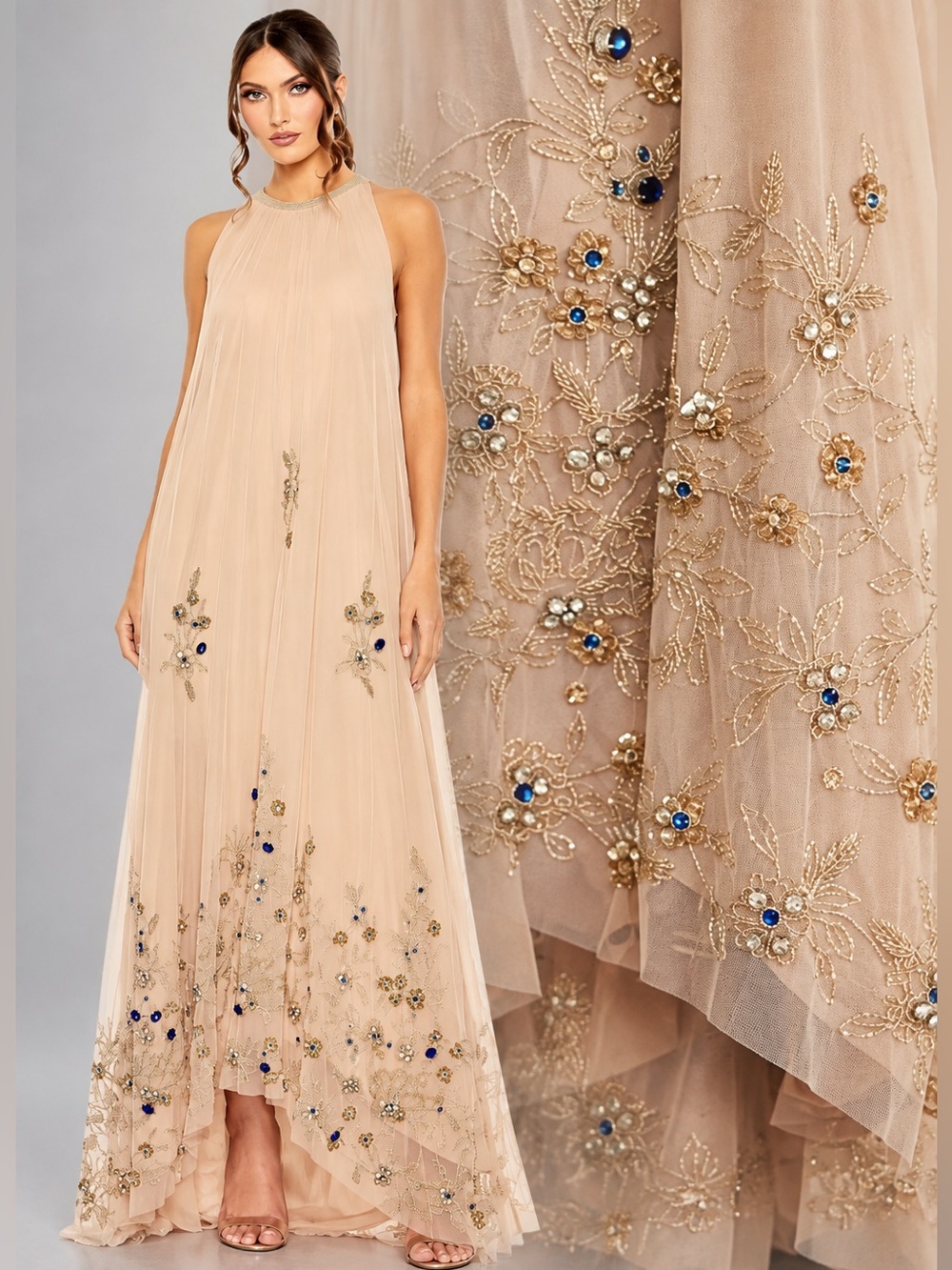NWT Mac Duggal Beige High Neck 9232 Floral Embellished Trapeze Gown 10